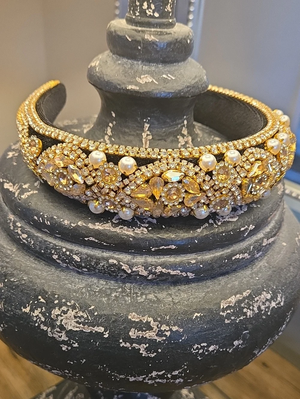 Gold Crown Crystal & Pearl Embellished Blk Velvet Headband fr: Lux Boutique